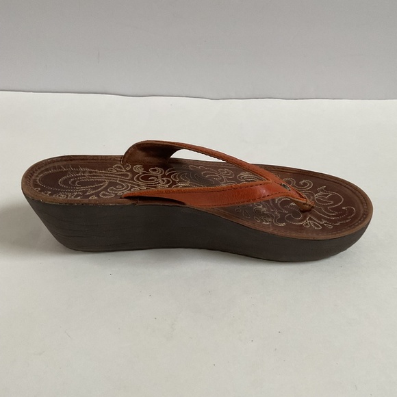 Olukai Paniolo Wedge Women’s Sz 8 Orange Brown Leather Thong Sandals - Picture 6 of 12